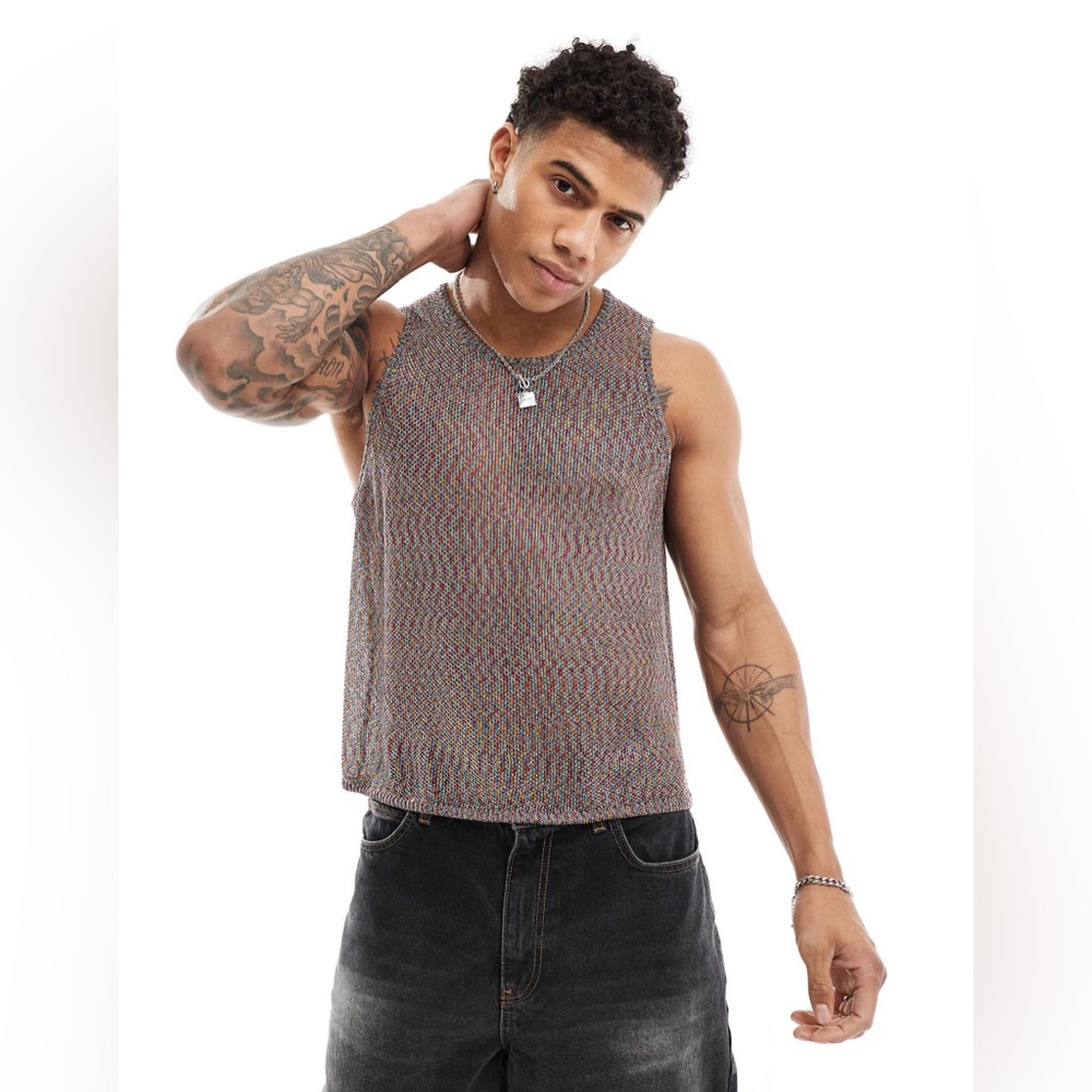 ASOS DESIGN Knitted Metallic Mesh Rainbow Sleeveless Multicolor Tank Top Large